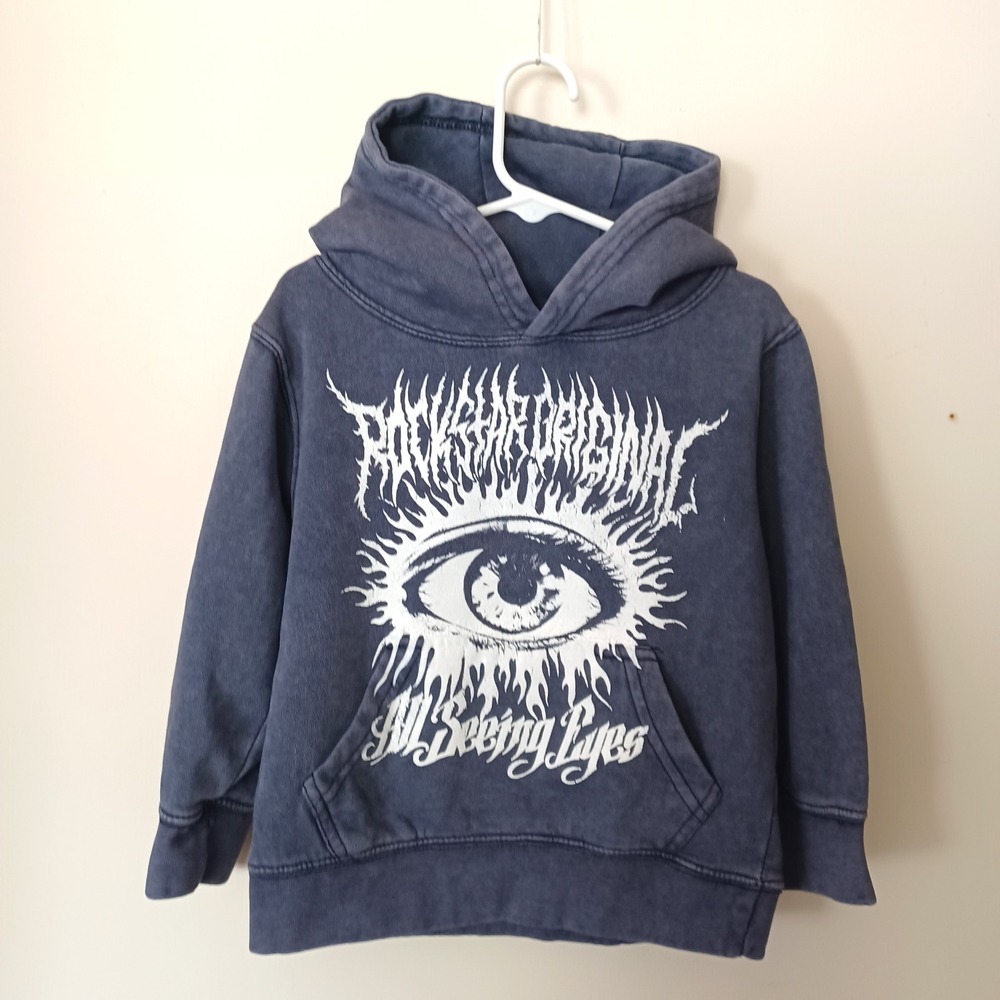Rockstar Original Hoodie Kid 4T Blue All Seeing Eye Vtg Acid Wash Graphic Punk